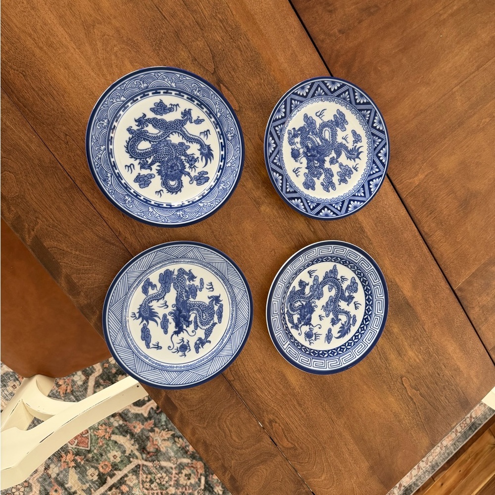Blue and White Dragon Porcelain Plates—set of 4
